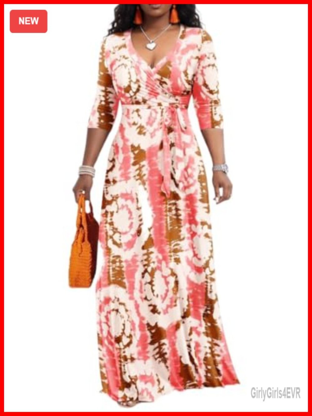 Women's 3/4 Sleeve V-Neck Maxi Dress with Belt Floral Print
